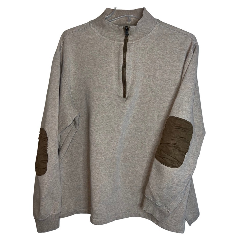 Woolrich Pullover 1/4 Zip Sweater Oatmeal with Elbow Patches Men’s Size Large
